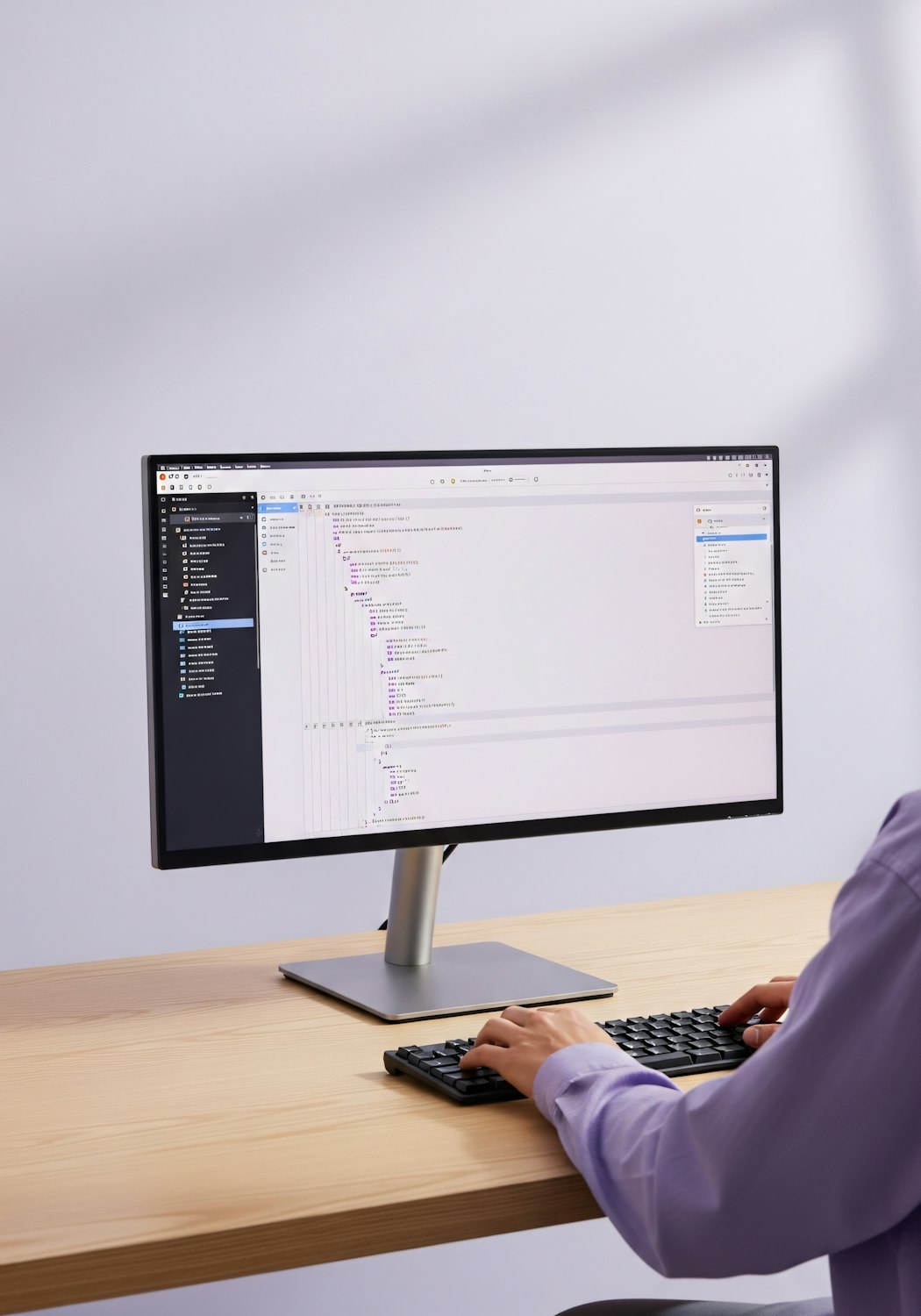 Engineer typing at a desk with code on a large monitor