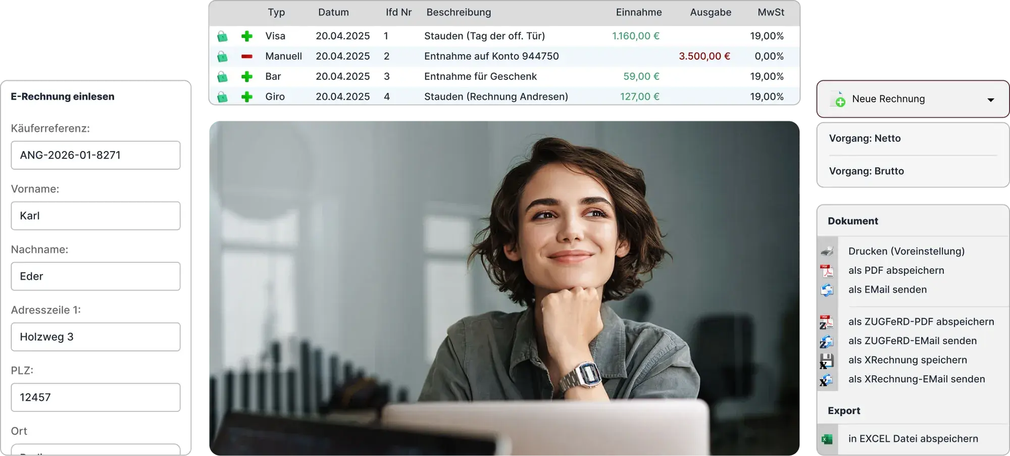 Officefreund interface with an e-invoice form, a transactions table and document export options
