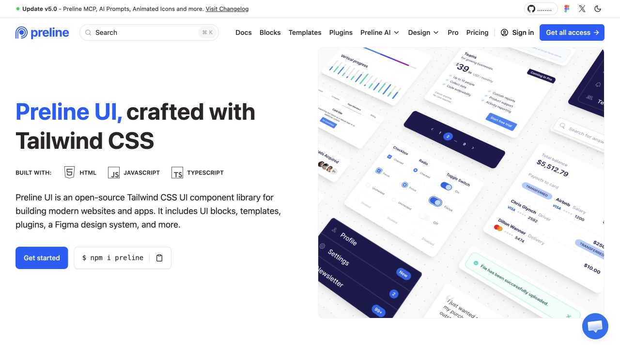 Preline UI website hero with floating interface components built with Tailwind CSS